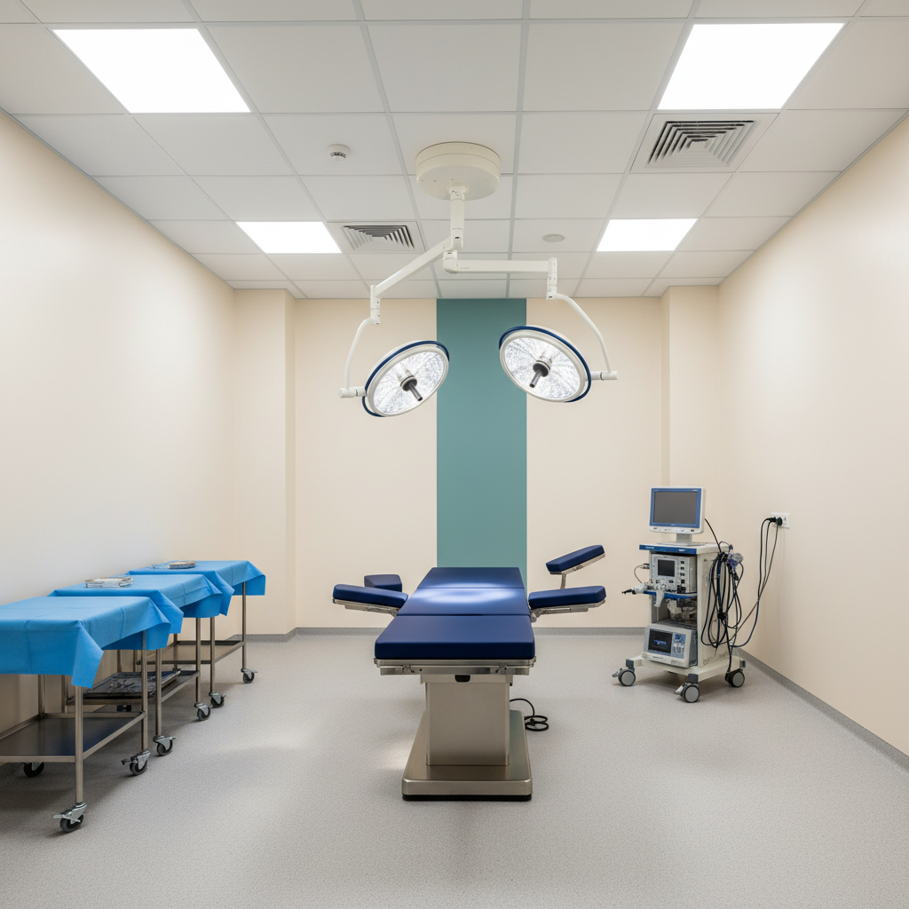 A serene, modern ENT minor surgery room, entirely empty of people, featuring a motorized surgical table with navy-blue cushions, an articulated LED surgical lamp overhead, and a compact endoscopic tower with neatly coiled fiberoptic cables beside it. Walls are painted in soft, warm white with a single accent panel in muted teal. Stainless-steel instrument trolleys stand organized along the side, each tray covered with sterile blue drapes. Bright, shadow-controlled ceiling lights provide uniform illumination, creating a crisp and professional atmosphere. Photographic realism at a wide-angle, eye-level view captures the entire space, conveying advanced technology, safety, and preparedness for precise ORL surgical procedures.