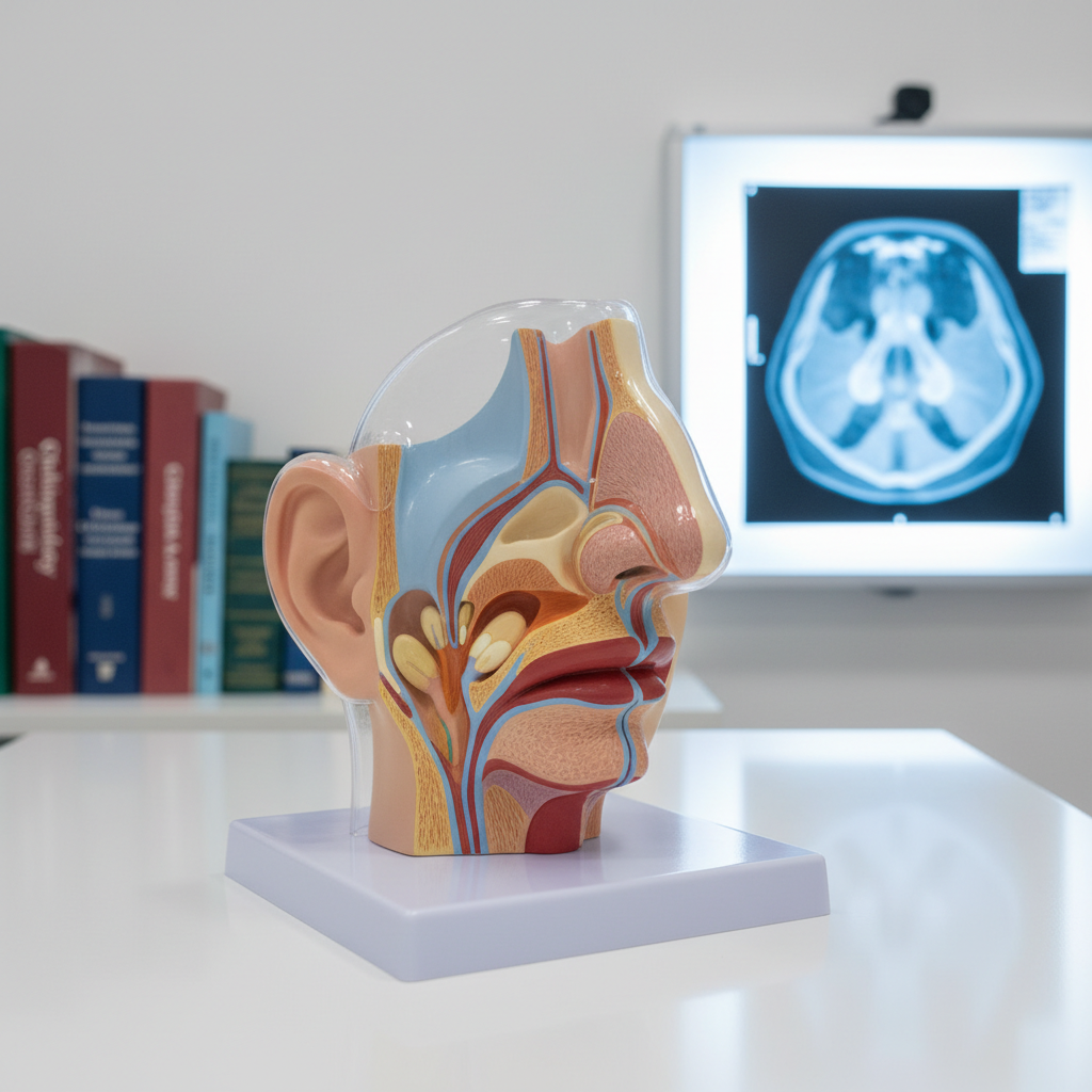 A high-resolution photographic cross-section model of the human ear, nose, and throat placed on a glossy white examination table, showing vividly colored anatomical details such as the middle ear, sinuses, and larynx. The model’s textures are slightly matte with subtle shading to highlight structures. In the background, softly blurred, are neatly stacked medical textbooks on ENT and allergology and a wall-mounted sinus CT scan image. Bright but diffused overhead lighting produces gentle, even illumination and minimal glare. Shot from a slightly elevated angle with sharp focus on the model, the mood is educational, professional, and trustworthy, ideal for explaining ORL procedures to patients visually.
