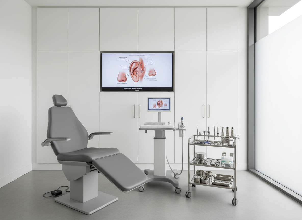 A meticulously organized ENT consultation room without any people, featuring a modern grey examination chair with adjustable headrest, a sleek white otoscopy unit, and a stainless-steel instrument tray neatly arranged with sterile ENT tools. The space is framed by built-in white cabinets and a wall-mounted digital screen displaying a high-resolution anatomical diagram of the ear, nose, and throat. Soft, diffused daylight enters from a large frosted window, creating a calm, clinical brightness with minimal shadows. Shot at eye level in photographic realism, the composition uses the rule of thirds to emphasize the examination chair, conveying a professional, reassuring, and hygienic medical environment suitable for an ORL and allergology practice homepage.