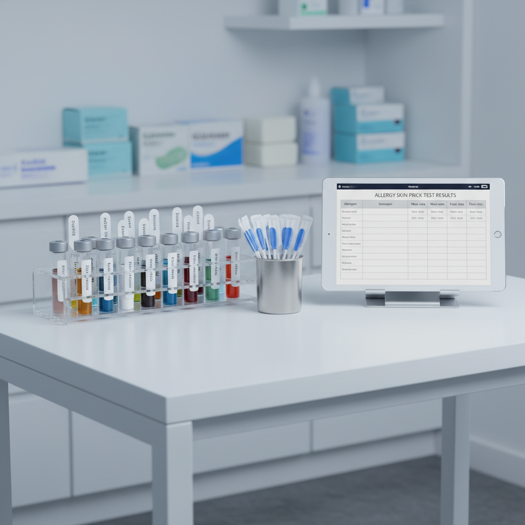 A clean allergology testing station without people, showing a white laminate desk organized with labeled vials of allergen extracts in a clear acrylic rack, sterile single-use lancets in a small stainless container, and a digital tablet displaying a structured allergy test chart. Behind, a soft-focus backdrop reveals shelves of neatly arranged medical supplies in pale blue and white tones. Cool, even studio lighting from above and the side creates a bright, controlled atmosphere with subtle shadows, emphasizing hygiene and precision. Captured at a three-quarter angle in photographic realism with moderate depth of field, the scene communicates methodical, evidence-based allergy diagnostics in a modern clinical setting.