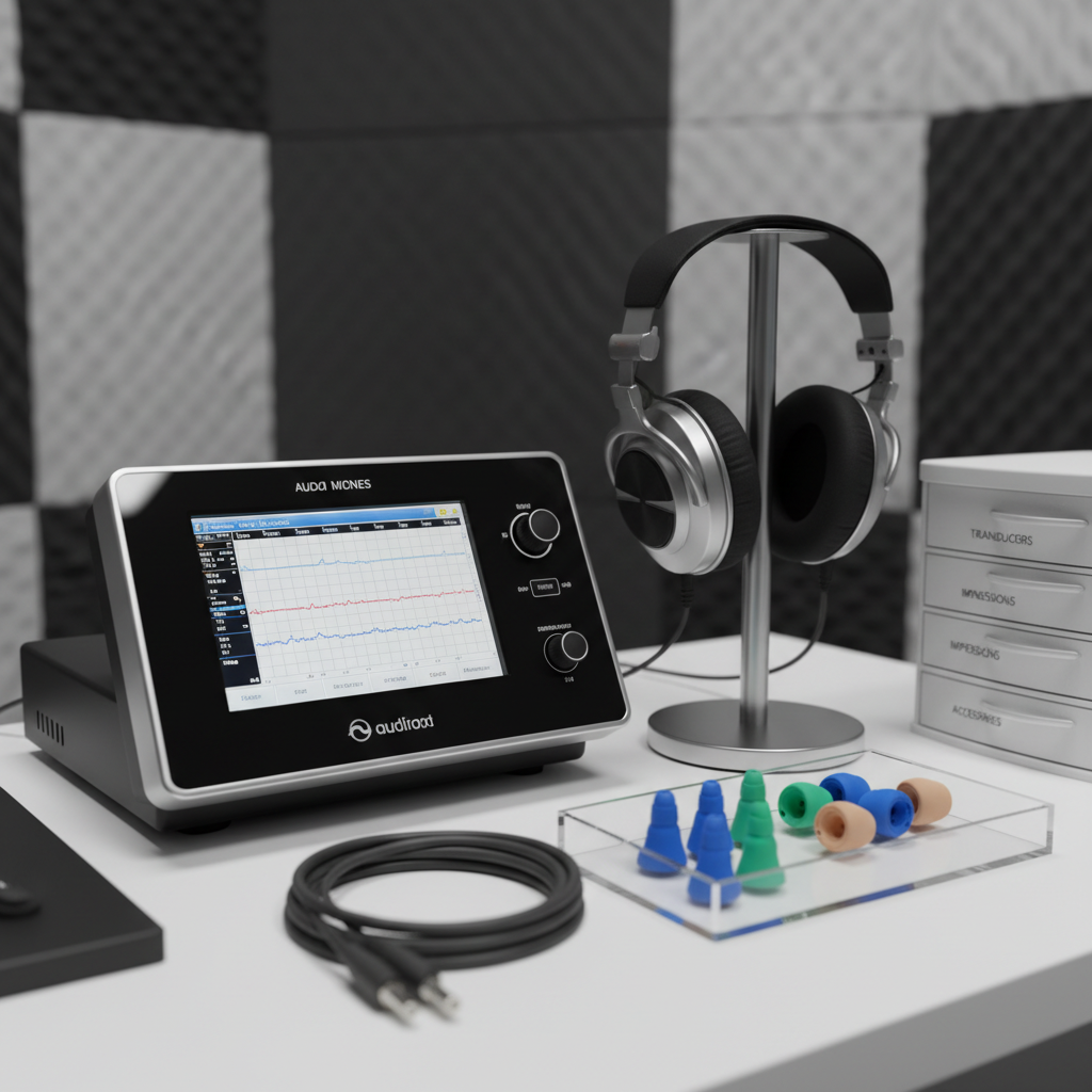 A close-up, photographic realism shot of a state-of-the-art otology and audiology workstation, featuring a high-end audiometer with a bright, crisp digital display, circumaural headphones resting neatly on a stand, and custom-molded earplugs arranged in a small transparent tray. The devices sit on a pristine white desk surface, next to neatly coiled cables and labeled drawers. The background reveals a soundproof testing booth with padded acoustic panels in soft gray tones, slightly out of focus. Soft, even studio-style lighting highlights the crisp edges and textures of the equipment, creating subtle reflections on metallic surfaces. The mood is highly professional, precise, and technologically advanced, captured from a slightly elevated angle with shallow depth of field to focus attention on the diagnostic tools.